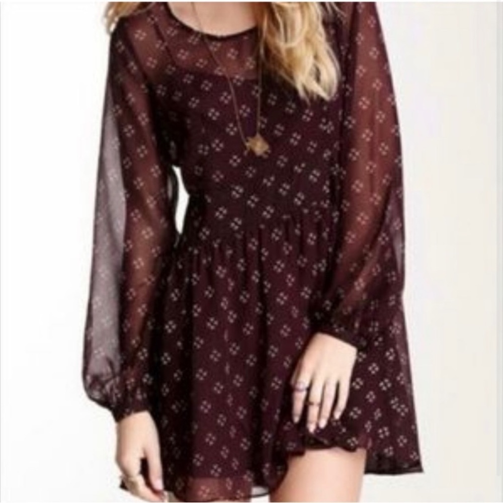 Free People Maroon Chiffon Long Sleeve Fit & Flare Dress size Medium - Picture 7 of 16